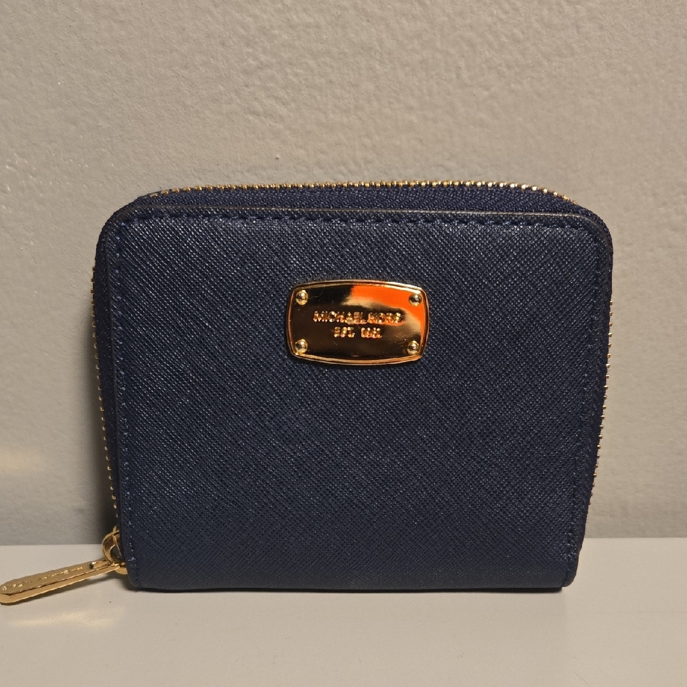 Michael Kors Navy Saffiano Zip Around Wallet with Gold Hardware